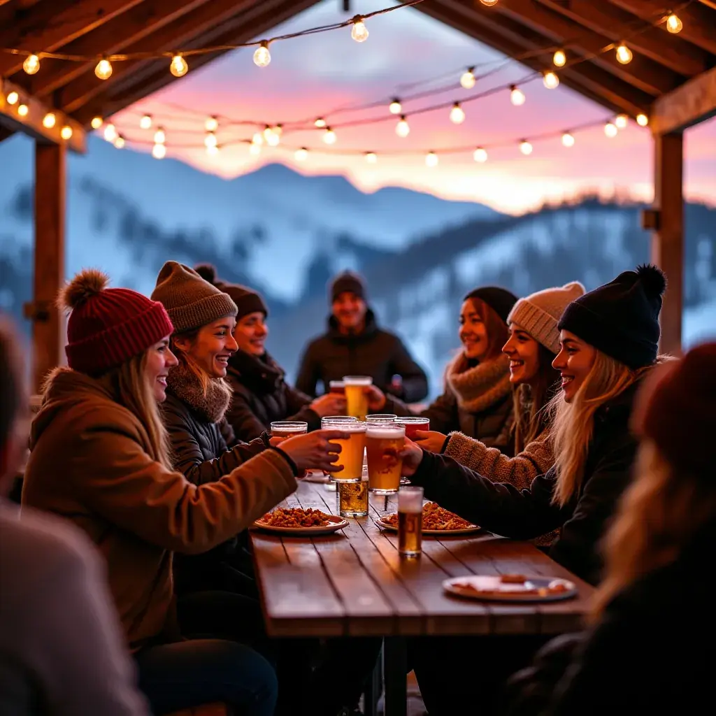 Горнолыжники, спускающиеся по склону под ярким солнцем.